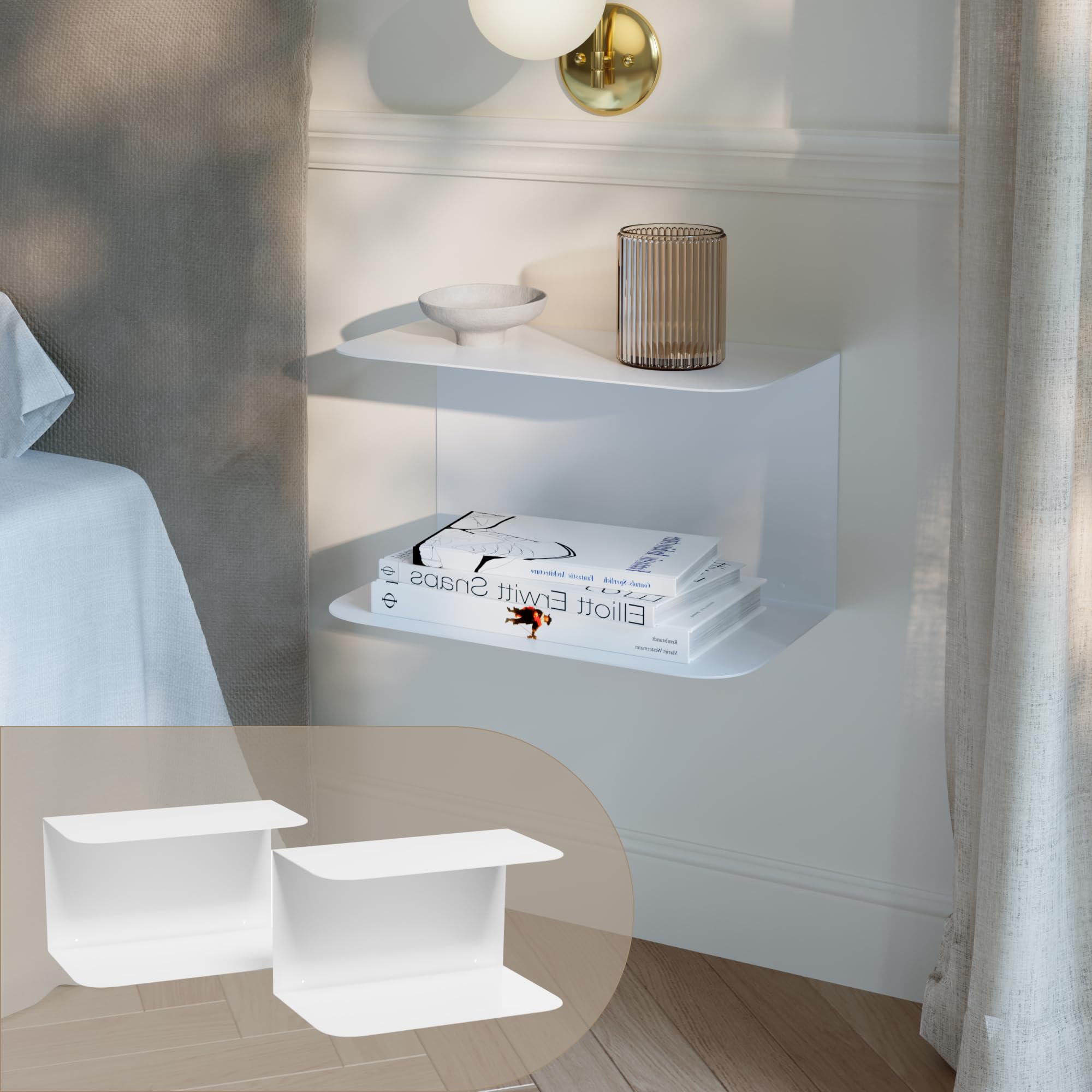 [en.casa] Set di 2 Mensole in Metallo Consolle da Parete con 2 Ripiani Comodini Sospesi a Forma di C in Stile Industriale 40x23x23cm Bianco