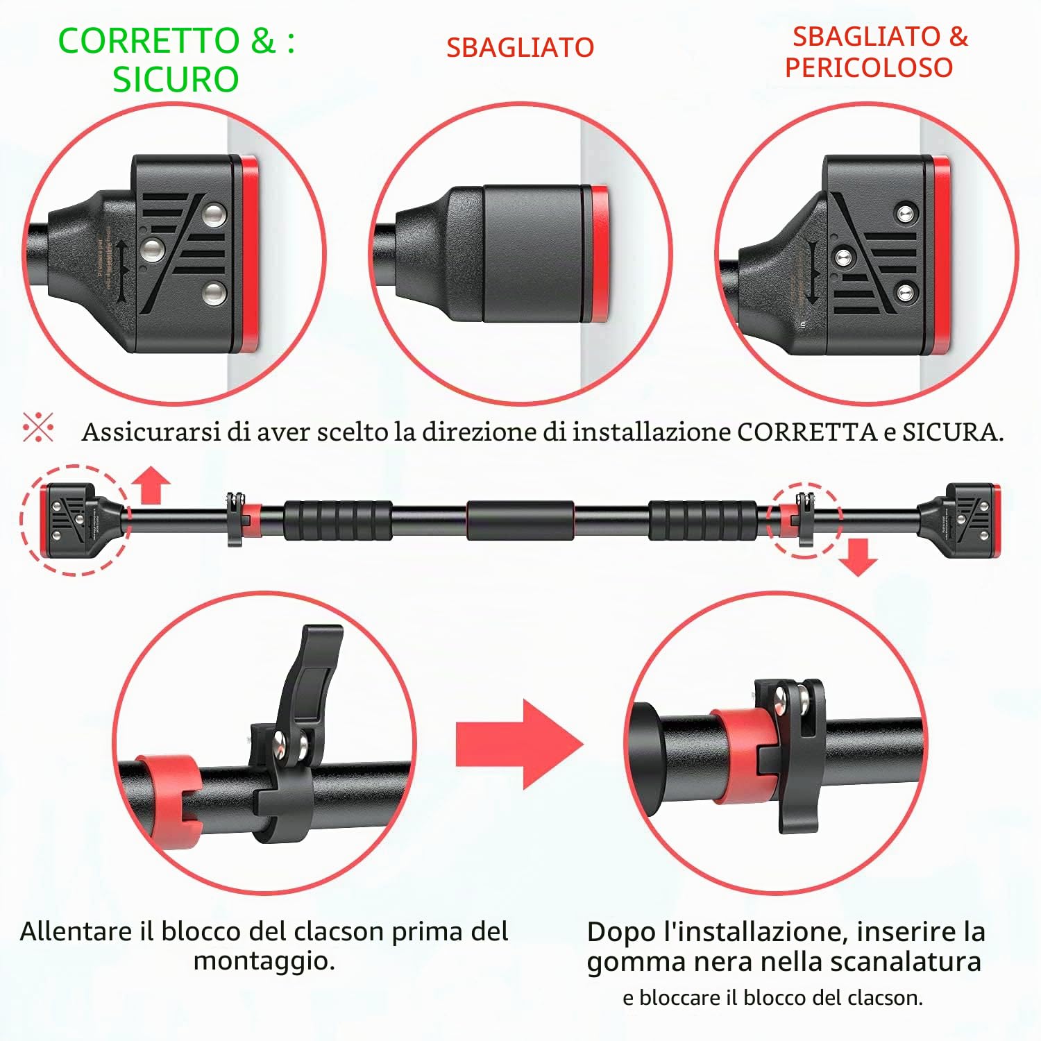Barra per trazioni da parete, regolabile, 71-95 cm, portata max 200 kg, antiscivolo, in alluminio, nero e rosso