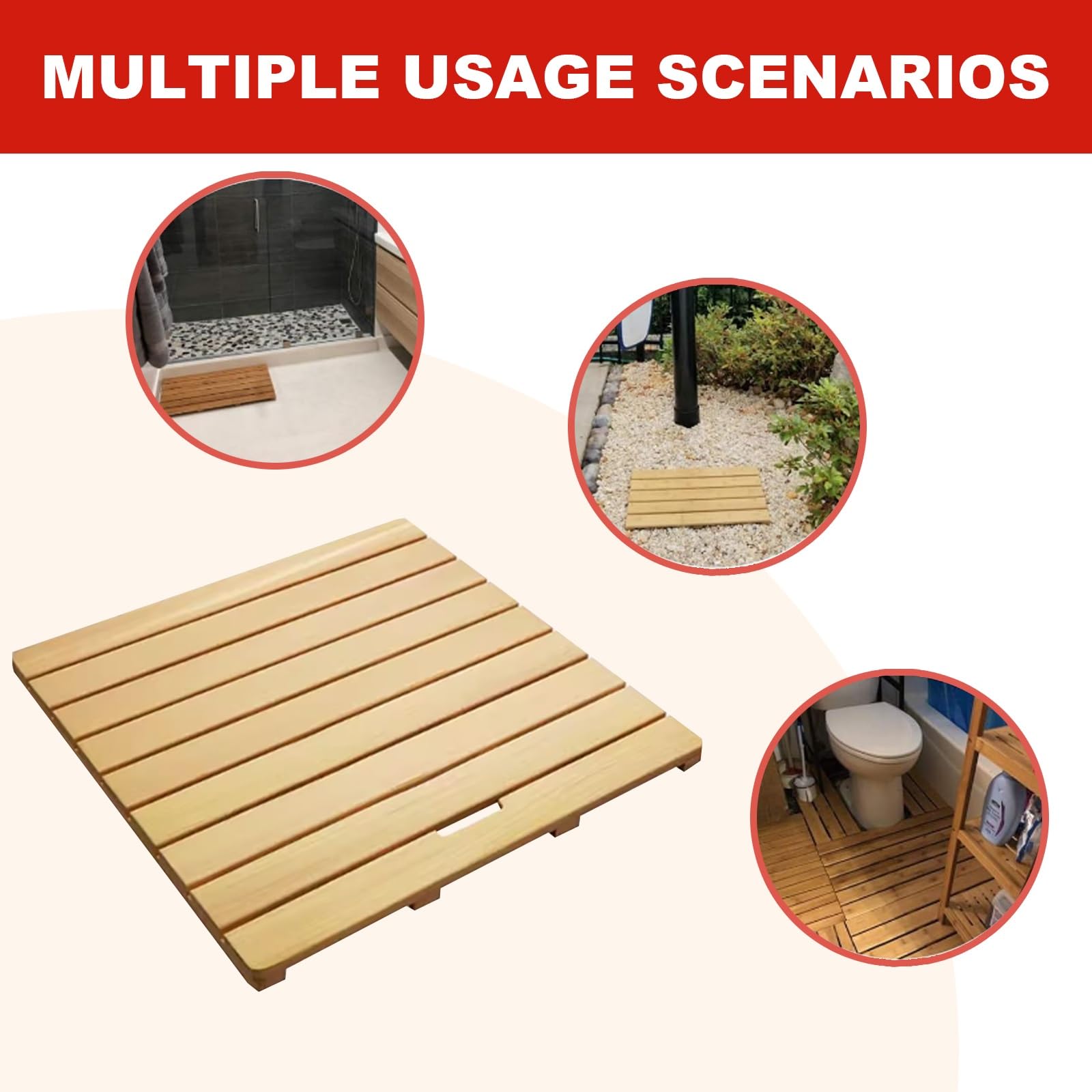 Caillebotis Exterieur, Caillebotis Bois avec Poignée, Tapis de Sécurité de Douche, Tapis Bain Antiderapant for Sauna, Bain, Spa et Marches(19.7 * 11.8in)
