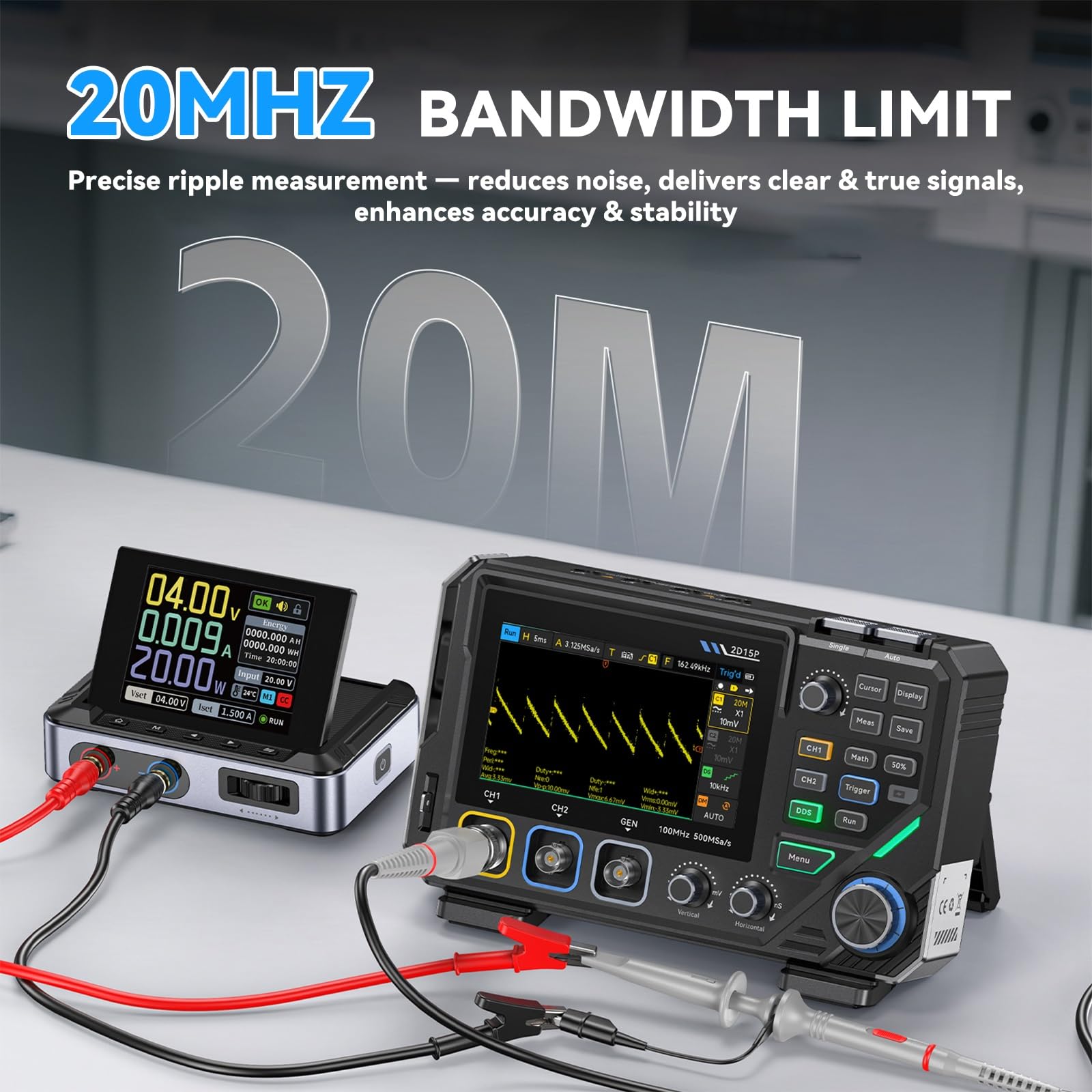 2D15P Osciloscopio Digital de 100 MHz, 3 en 1 Multímetro/Generador de Señales DDS/Osciloscopio, 2 Canales, Multímetro de 4,5 dígitos, 19’999 TRMS, Muestreo de 500MS/s, Pantalla Táctil de 4,3"