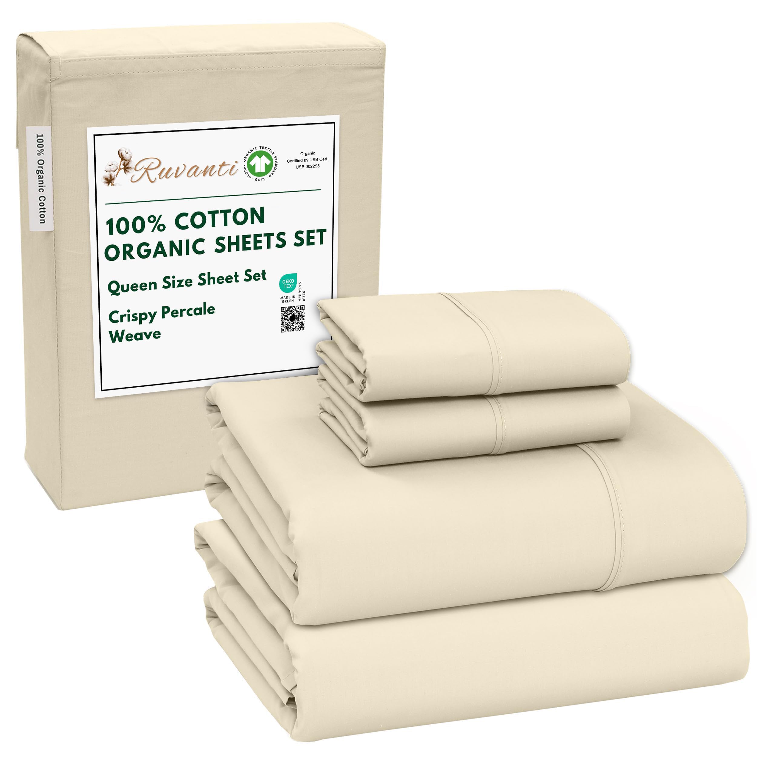 Ruvanti Set di lenzuola in 100% cotone biologico per letto matrimoniale, 4 pezzi, biancheria da letto in percalle morbido e traspirante, con tasca profonda standard alberghiera da 40,6 cm, sensazione