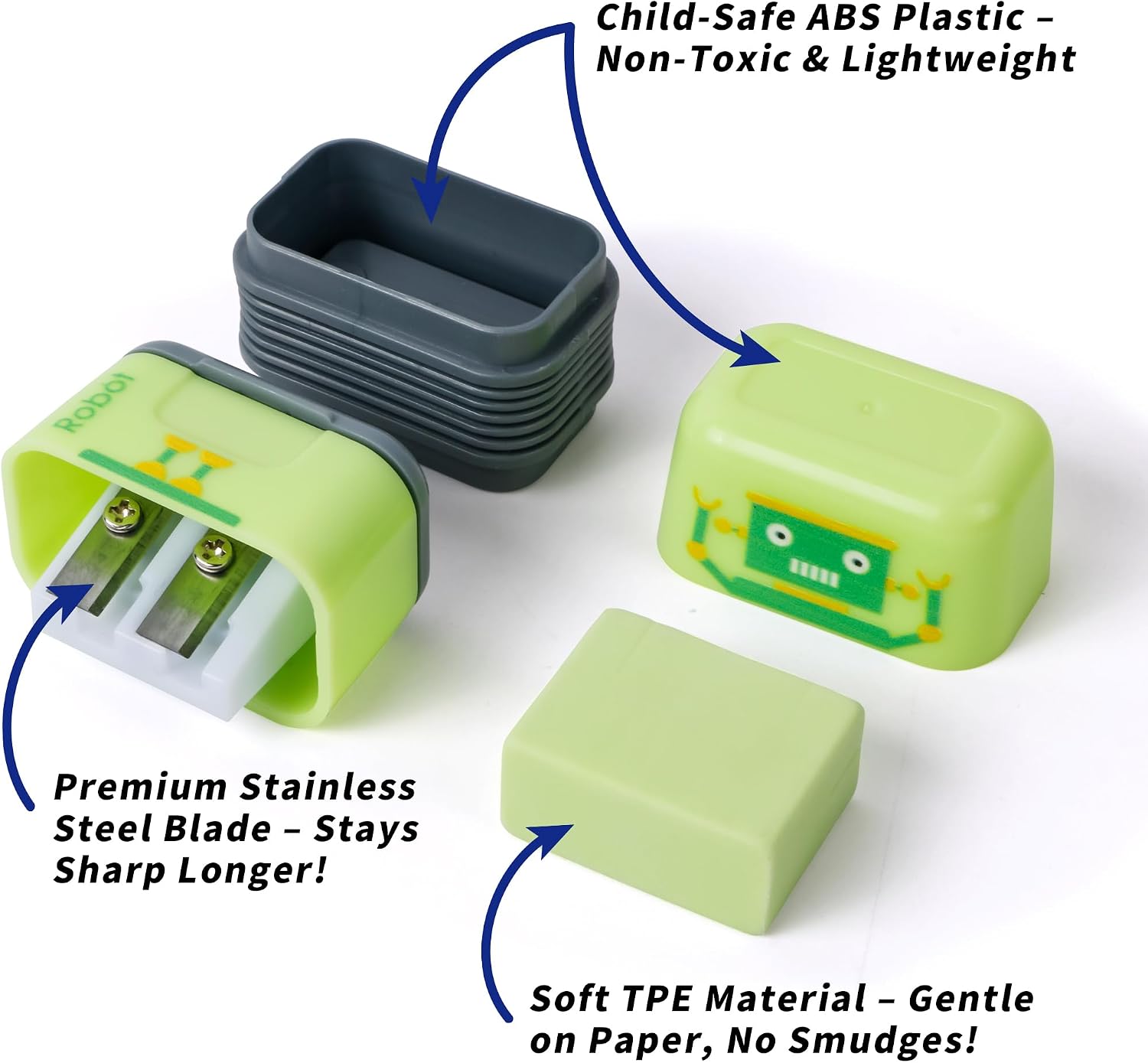 Smilo Robot Pencil Sharpener with Erasers, Dual Hole, 6 Pack image 2