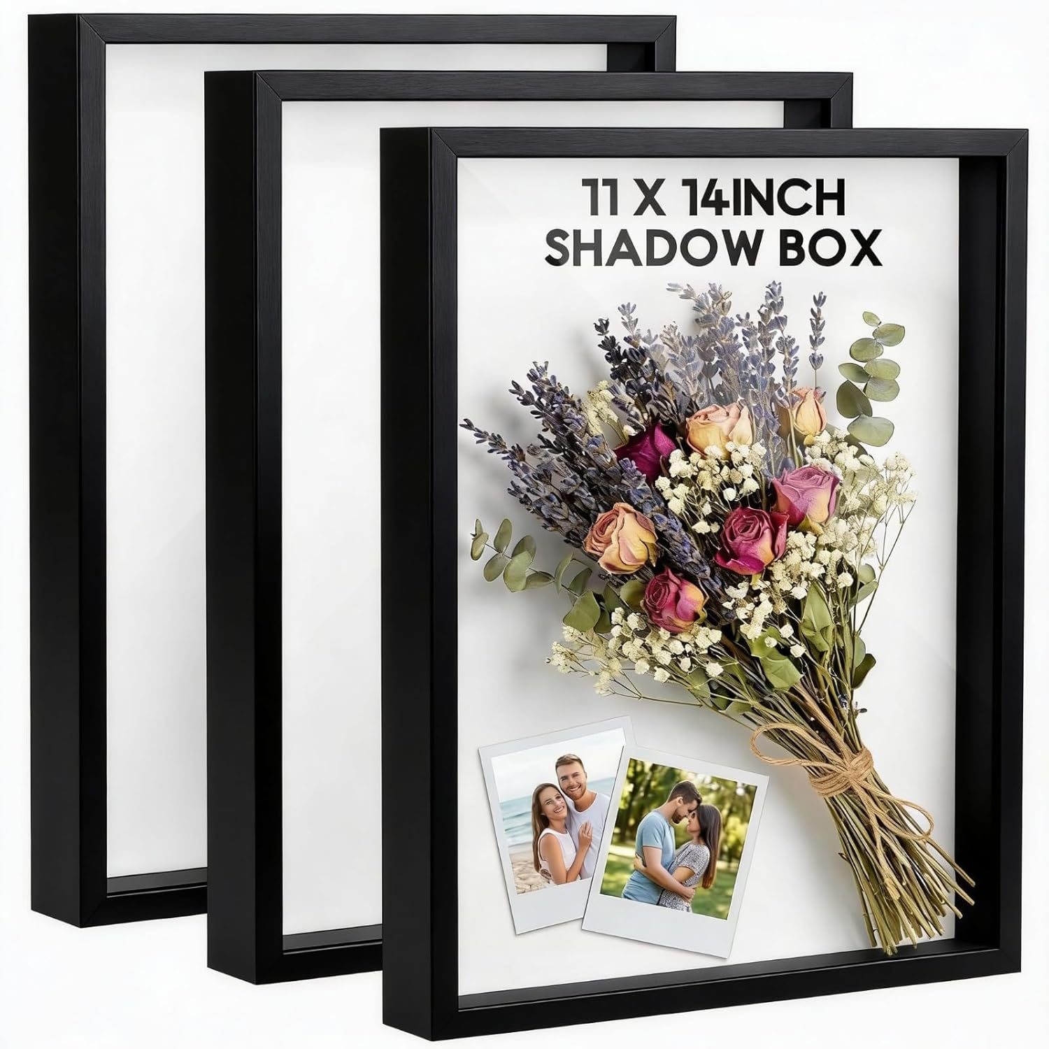 Tuanse 3 Pcs 11 x 14 inches Shadow Box Frame Deep Shadow Display Boxes Cases Picture Display Case for Wall and Tabletop DIY Craft Memorabilia Wedding Memories Tickets and Photos(Black)