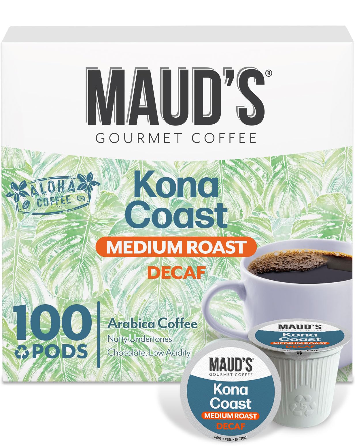Maud's Decaf Kona Coffee (Decaf Kona Coast) 100ct. Solar Energy Produced Recyclable Single Serve Coffee Pods, 100% Arabica Coffee California Roasted, KCup Compatible