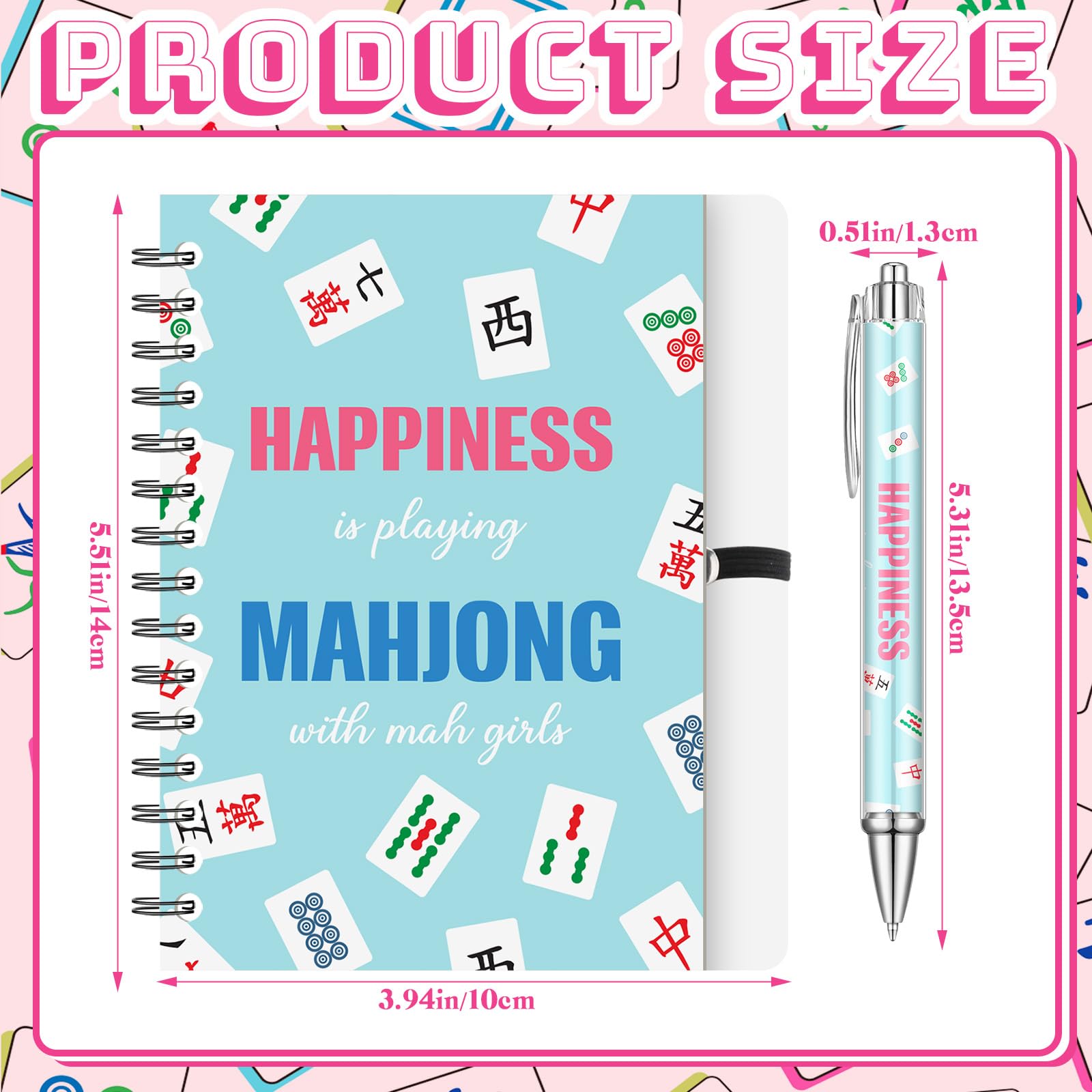 Resurhang Lot de 24 pièces/12 ensembles de cadeaux pour amoureux de Mahjong comprenant 12 carnets à spirale et 12 stylos à bille rétractables – Cadeaux amusants pour Mahjong – Cadeaux amusants pour
