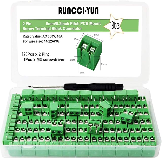RUNCCI-YUN 120pcs Universal PCB Board Kit 2 Pin Screw Terminal Block for PCB 300V 10A 5mm Pitchgreen