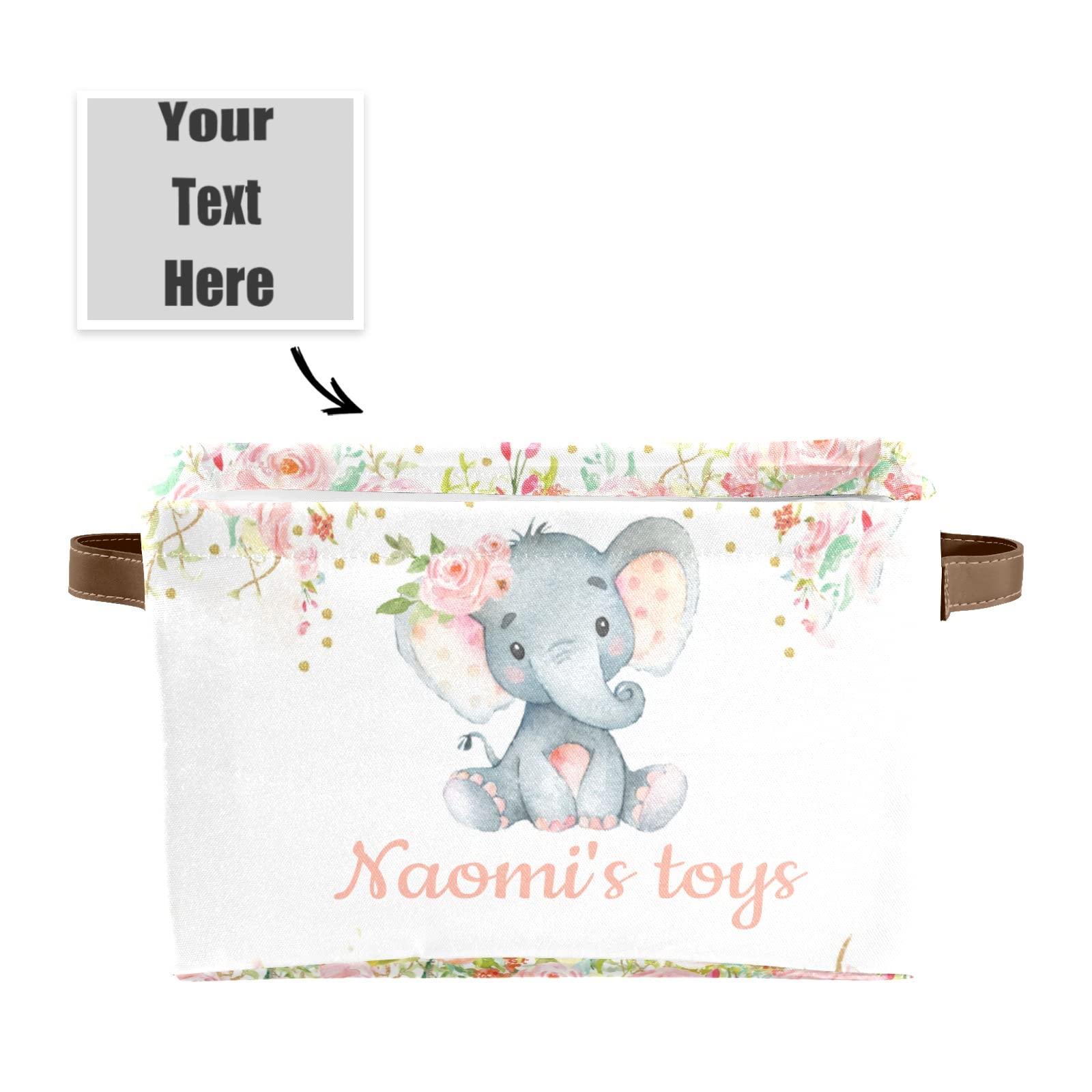 Joyestore Pink Flower Elephant Personalized Storage Bins ,Baskets Cubes Organizer with Handle for Shelves Closet Nursery Toy 1 Pack