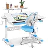 COSVALVE Premium Kids Study Desk and Chair Set,Adjustable Boys School Writing Study Table,Ergonomic Desk Chair with Large Writing Board Pull Out Drawer Bookstand Blue