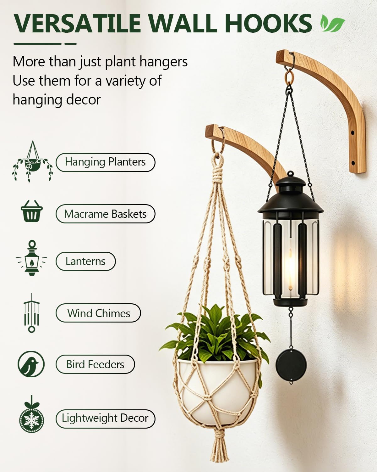 Wooden Plant Hangers - Hanging Plant Hooks for Indoor Outdoor, Wood Hanging Wall Plant Hooks Heavy Duty for Flower Pots Wind Chimes and Bird Feeders(2-Pack,8-Inch)