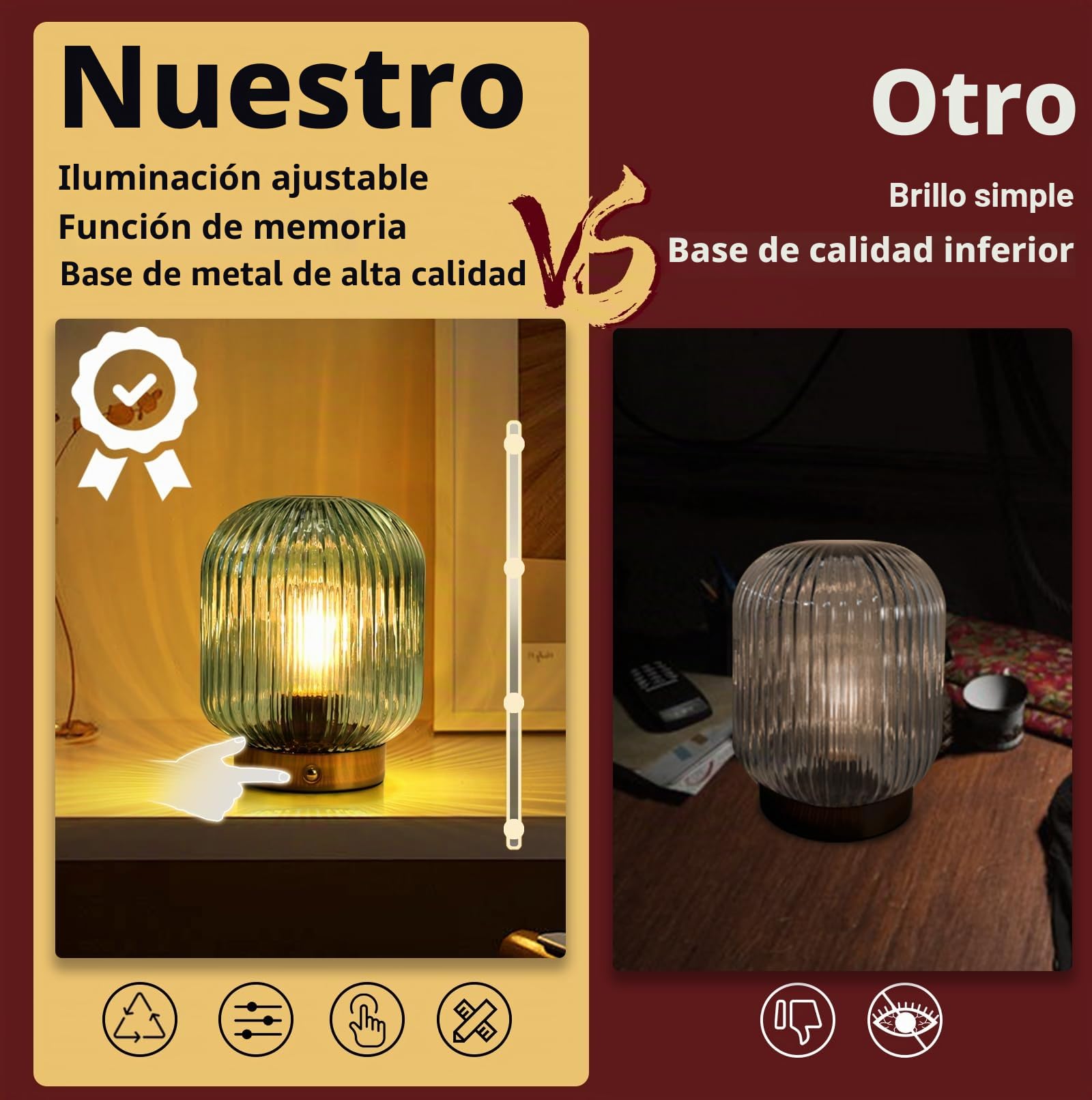 MJ PREMIER Lámpara de mesa recargable inalámbrica con pilas, luz de emergencia para cortes de energía, lámpara de acento de cristal regulable para entrada/escalera/baño/esquina