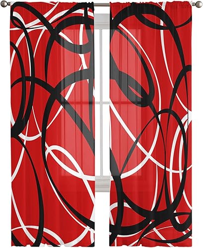 Miniatura 2 de Sheer Curtains 108 Inch Long Red Black White Modern Abstract Art Lines Rod Pocket Voile Semi-Sheer Window Treatment Drapes for Living Room Window