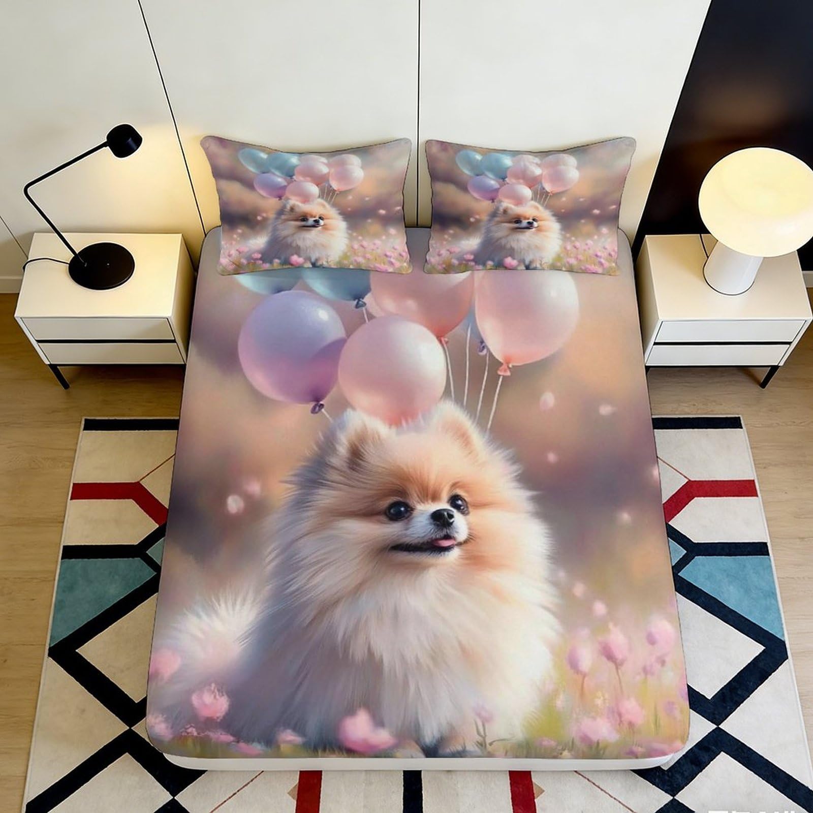3D Printed Cute Pomeranian Balloon Fitted Sheet Microfiber Non-Slip Deep Pocket Bedroom Bedding Dog Mattress Fitted Cover for Adults Teens 140x200x25cm