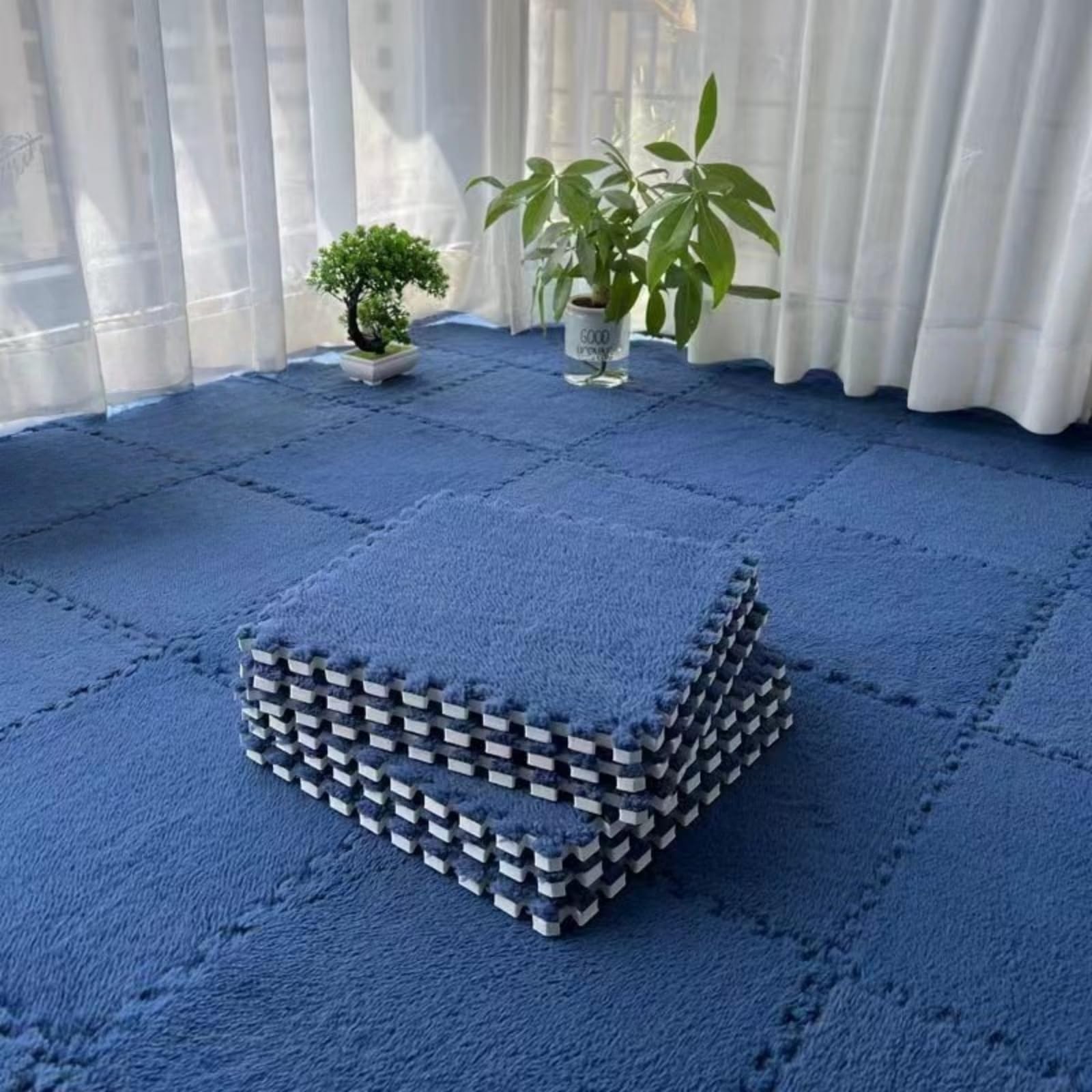 Hiseng 5/10 pcs Interlocking Foam Floor Tiles 30x30cm, Squares Puzzle Carpet Tiles Plush Floor Mats Soft Shaggy Foam Rug for Kids Bedroom Living Room Home Decoration, Solid Colors (Navy Blue,5pc)