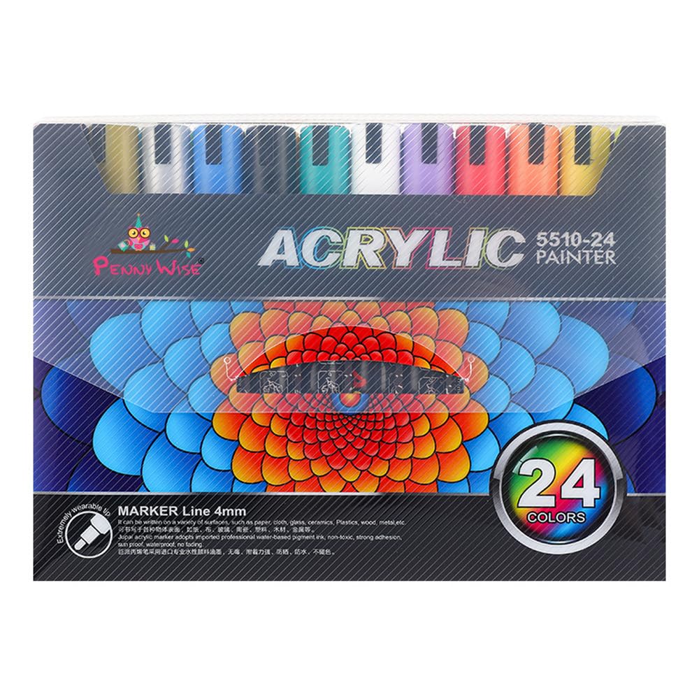 PennyWise® Acrylic Paint Markers Waterproof Permanent Art DIY Pens, 4 MM Tip, Ideal For Painting, Drawing, Stenciling, Etching, Stamping. (Set Of 24 Shades)