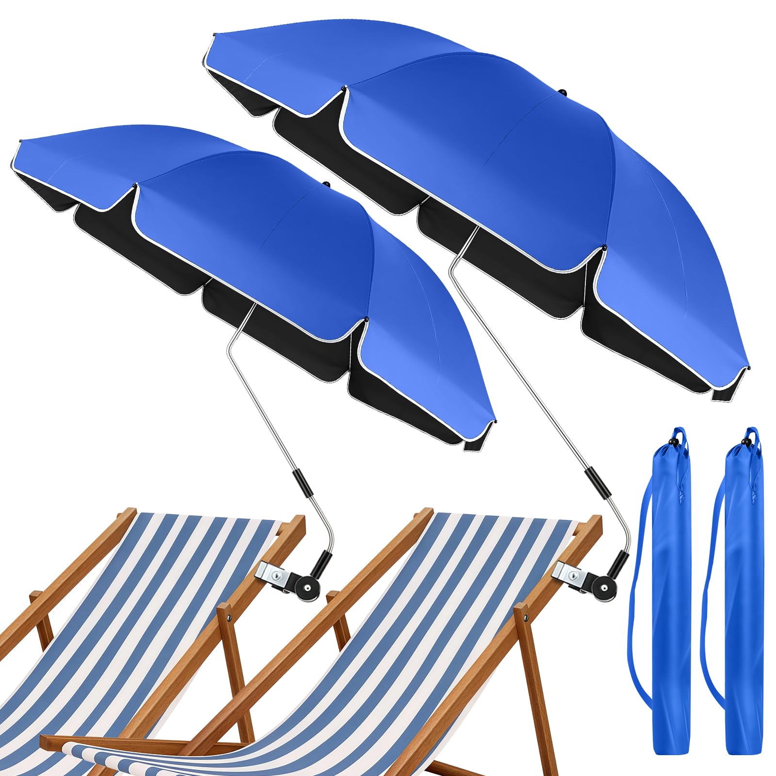2 PACK Beach Chair Umbrella With Universal Clamp, 360°Adjustable Umbrellas Clip On Chair, UPF50+ Protection Sun Shade, Portable Parasol for Camping Chair, Wheelchair, Patio Chairs, Golf Carts, Balcony