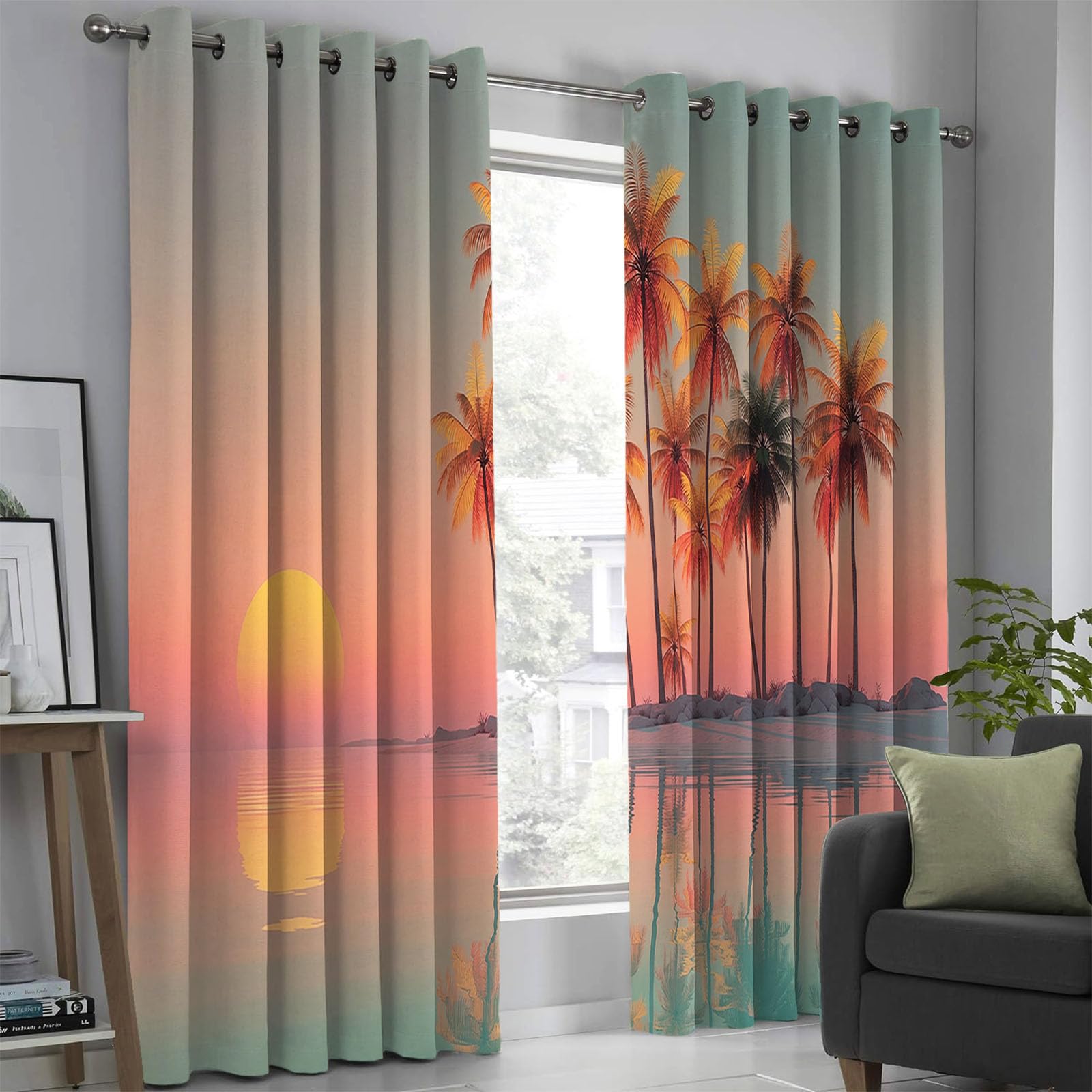 140L X 240H cm Rideau Occultant Palmiers De Plage, Lot de 2 Rideaux Motif Paysage Insulaire, Rideau Moderne Thermique Isolant à Oeillets, Decoration Chambre Salon Fenetre