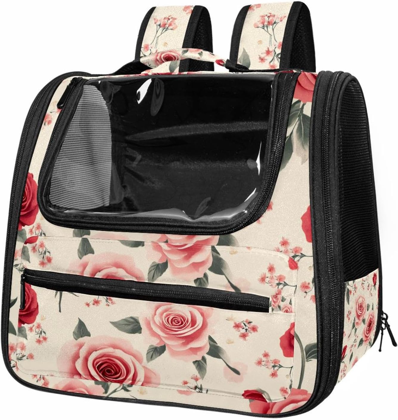 Cat Backpack Carrier for Small Dogs Cats, Soft-Sided Pet Carrier Backpack with Ventilated Mesh Windows and Safety Leash, Cute Floral Pink Rose on a Beige Background