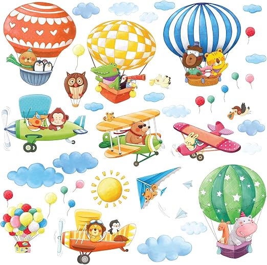 Animal Hot Air Balloons & Planes Peel and Stick Removable Wall Stickers for Kids Nursery