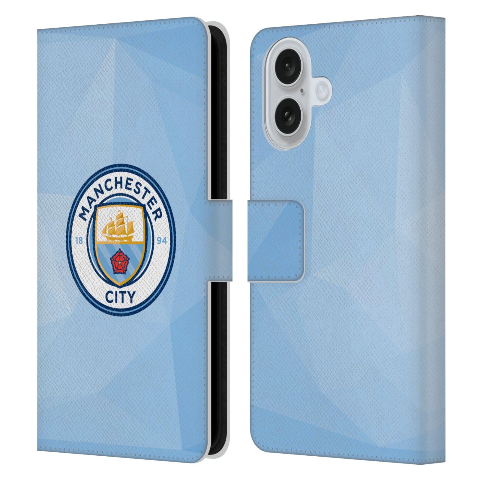 Head Case Designs Officially Licensed Manchester City Man City FC Blue Full Colour Badge Geometric Leather Wallet Case Compatible With Apple iPhone 16