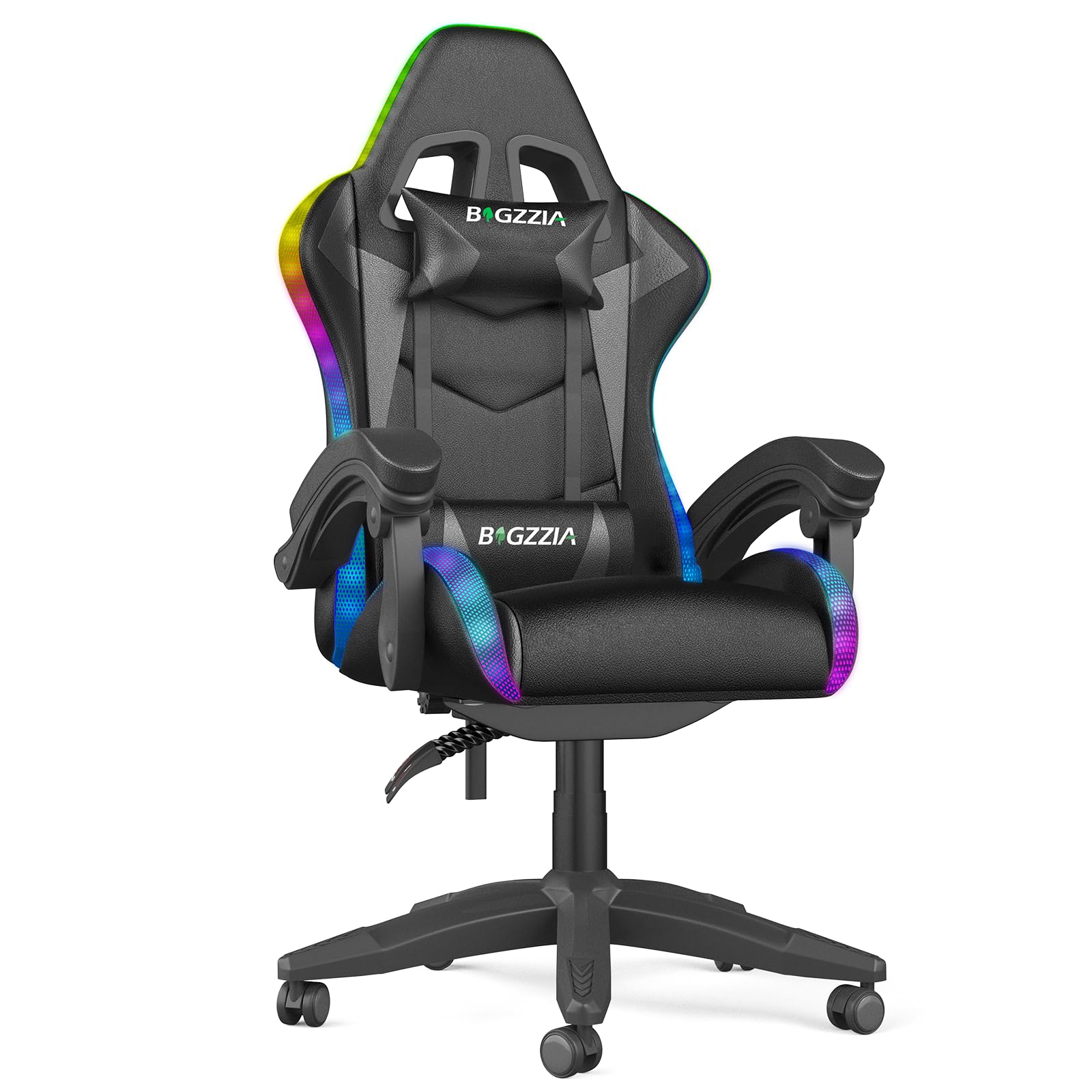 Racingreat Gaming-Stuhl LED mit Schillernde Lichtleiste, PC Gaming Stuhl mit Polsterung und Kopfstütze, Verstellbarer Höhe und Taillenwinkel, Gamer-Sessel Für Erwachsene, Mädchen, Jungen (Schwarz)