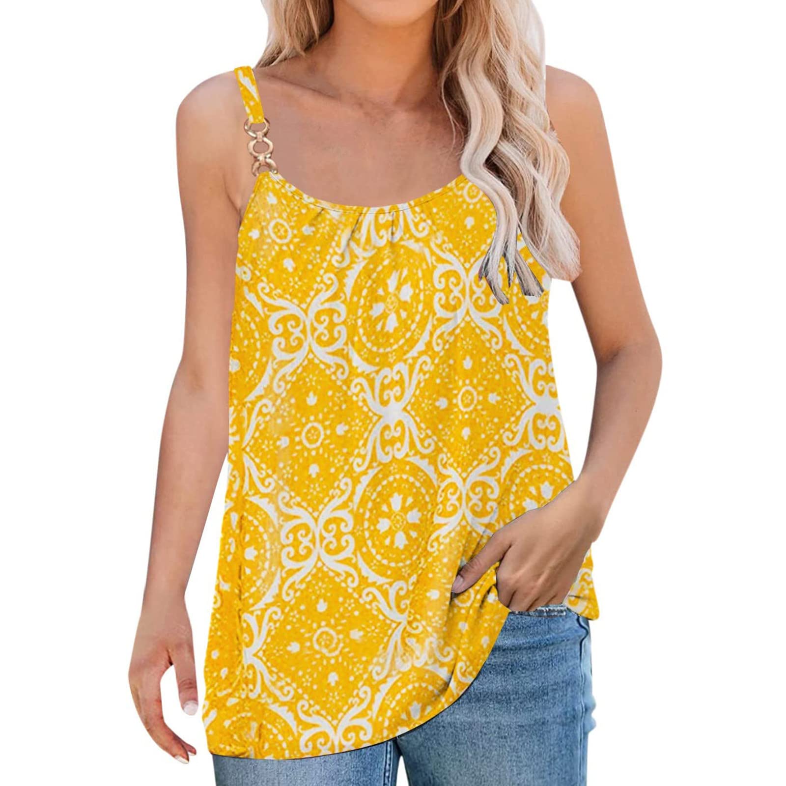 HAOLEIWomen Spaghetti Strap Camisole Tunic Tops UK Neck Boho Letter Print Scalloped Hem Sexy Crochet Casual Loose Summer Tee Top Blouse Tunic Ladies