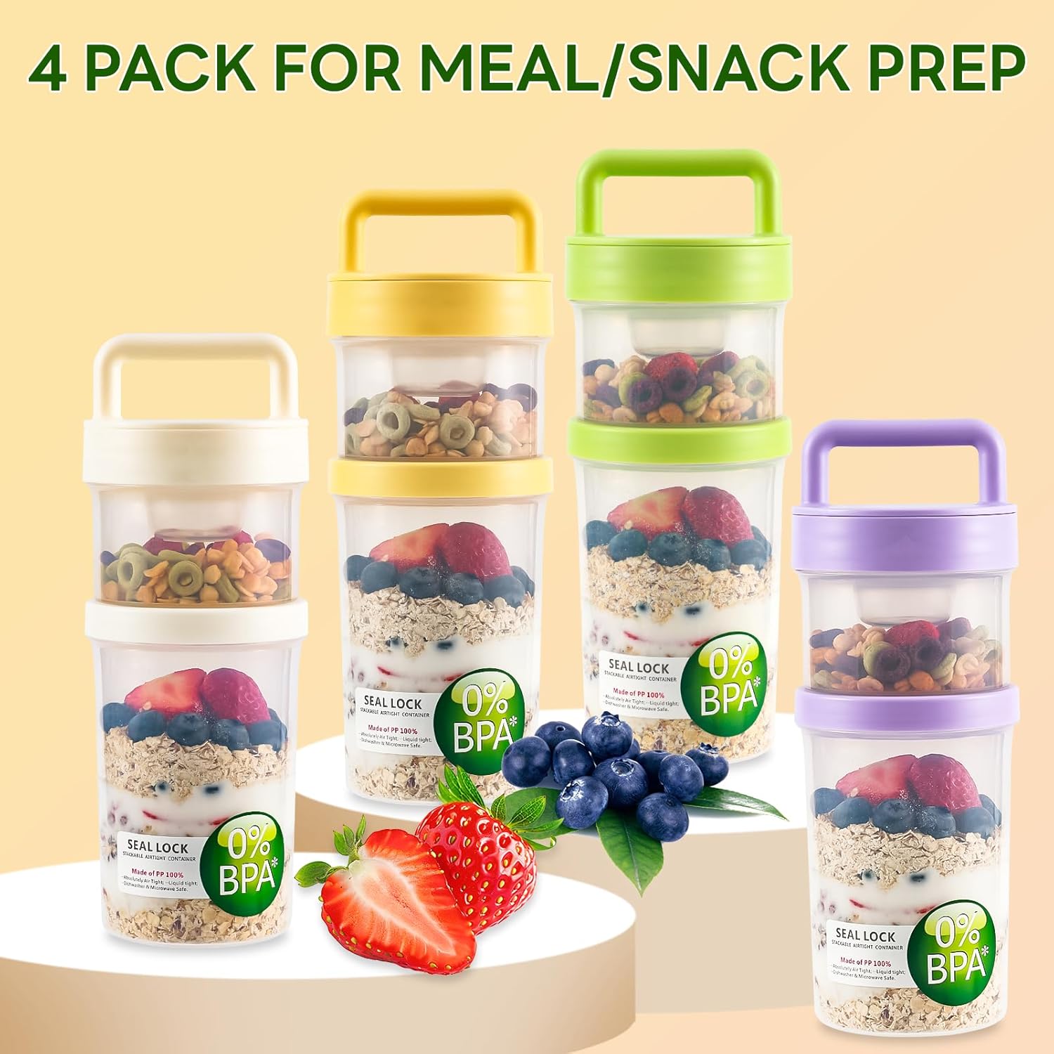 4 Pack 31 oz Salad Jars,Breakfast On The Go Cups, 2-Tier Leak-Proof Meal Prep Container with Foldable Spoon, Reusable Cereal Yogurt Cup with Overnight Oats Container for Granola Oatmeal