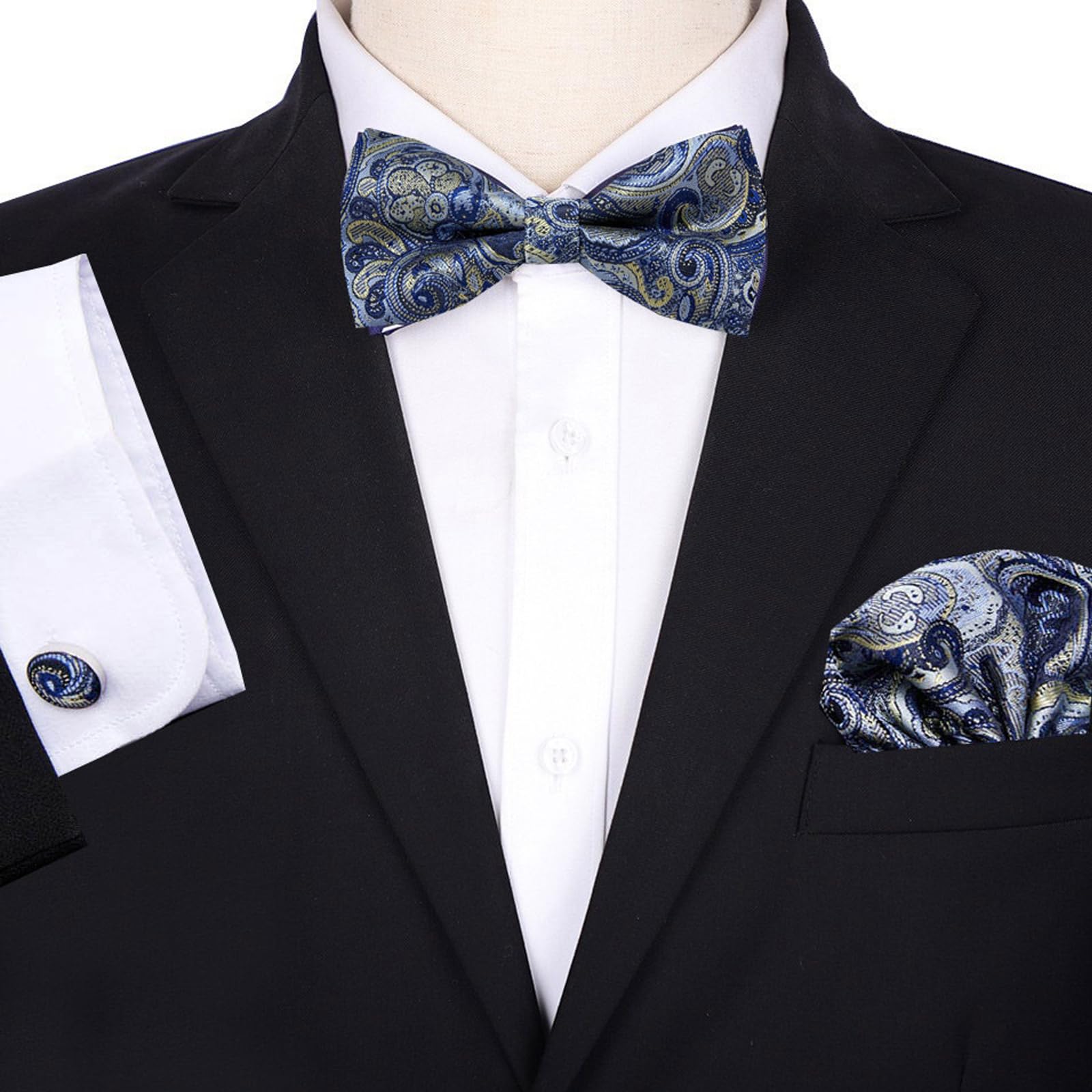 Fliege Herren und Manchettenknoepfe mit Einstecktuch Set, Verstellbare Polyester Vorgebunden Fliege Anzug Für Hochzeit Smoking Party