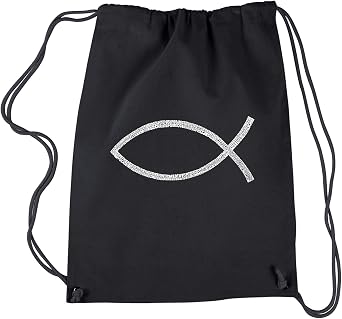 LA POP ART Drawstring Word Art Backpack - Jesus Fish - Black