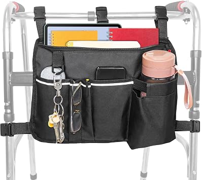 Large Walker Bag with Water Cup Holder,Walker Basket ,Foldable Walker Storage Bag,Side Walker Bag,Walker Side Access Bag Organizer Pouch Tote ,Scooters or Rollator Walkers Black-18 x 13.4 inches
