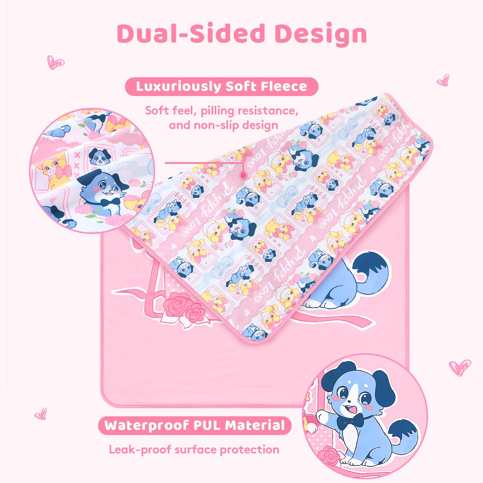 LittleForBig Alèses Adultes Lavables, Réutilisables, Imperméables et Absorbantes - Tapis de Change Imprimé - Motif Puppy Love Little Blue