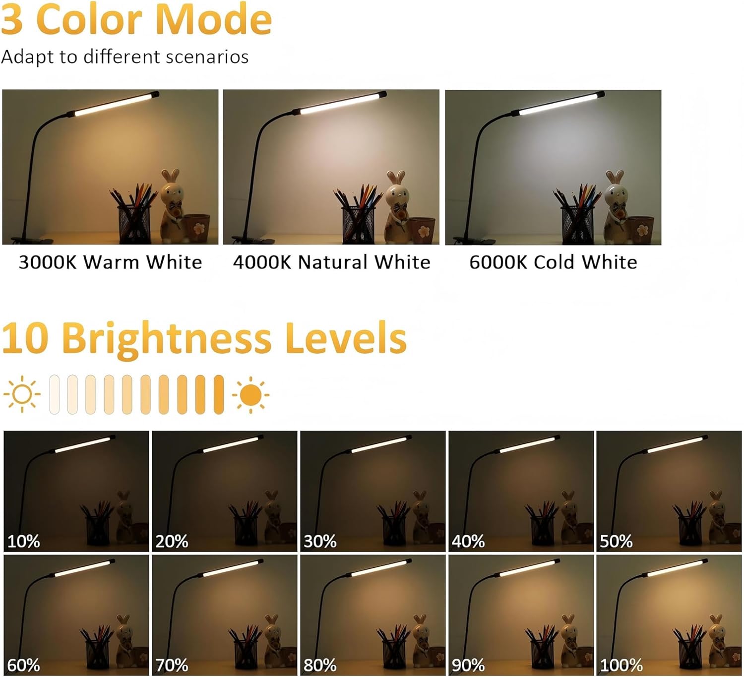 Akynite LED Clip on Light 8W Reading Lights for Books in Bed, Adjustable 3 Modes 10 Brightness Dimmable Clamp Lamp, Flexible Book Light Clip on for Bed Workbench Drafting, 580LM, USB Adapter Included