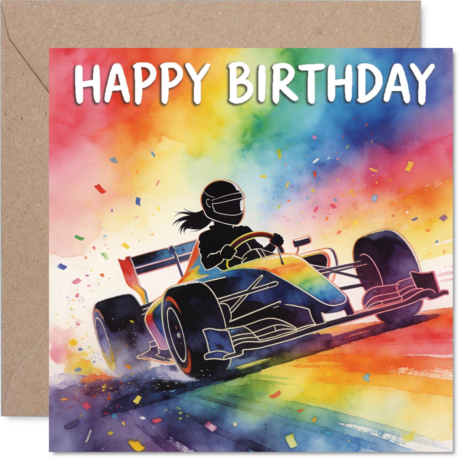 Playful Birthday Card - Start Their Birthday with a Burst of Colour - Rainbow Racing Car Silhouette on a Vibrant Backdrop - 145mm Square, Envelope Included