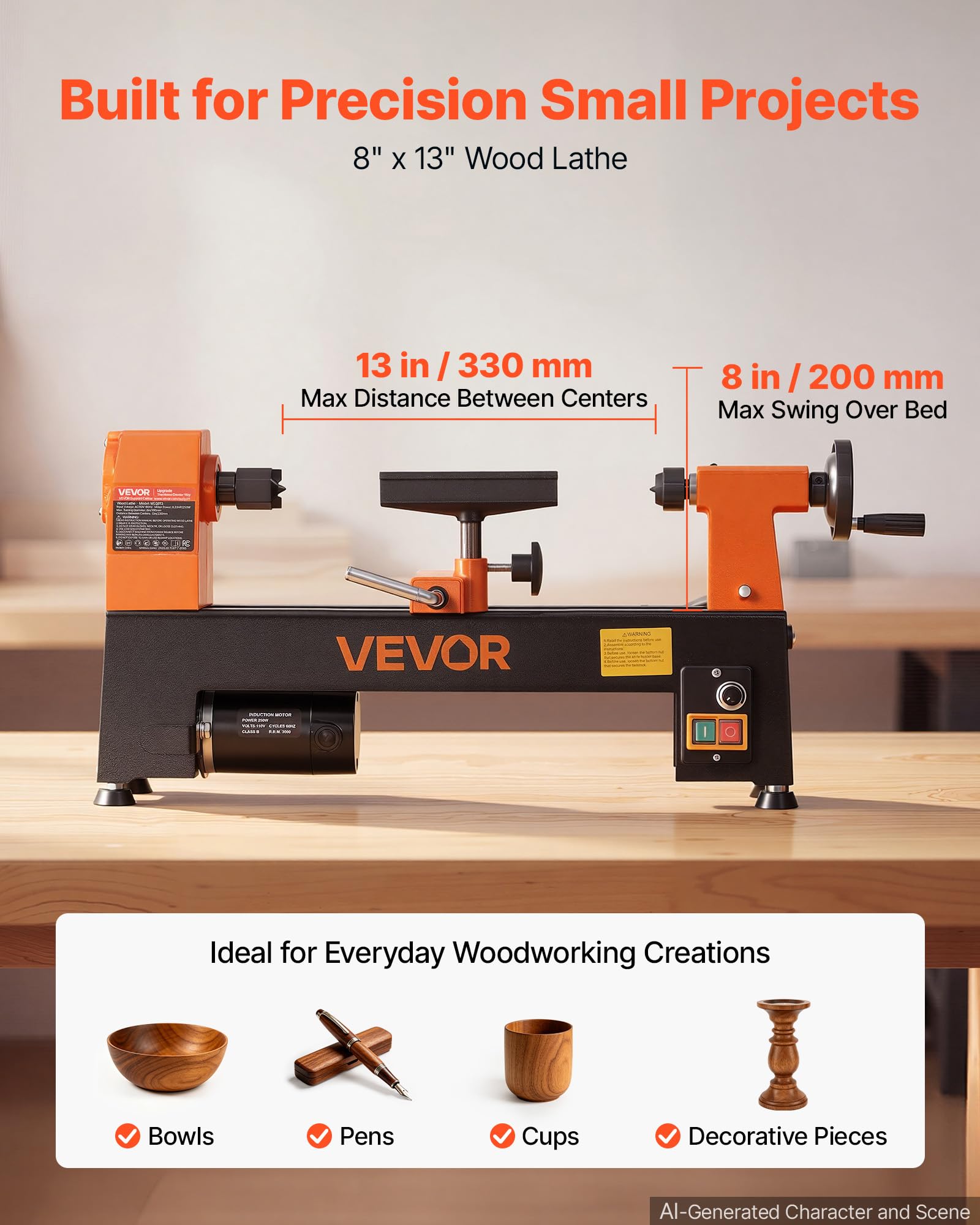 VEVOR Tornio per Legno da Banco 250 W 200 x 330 mm 150 a 3200 giri/min