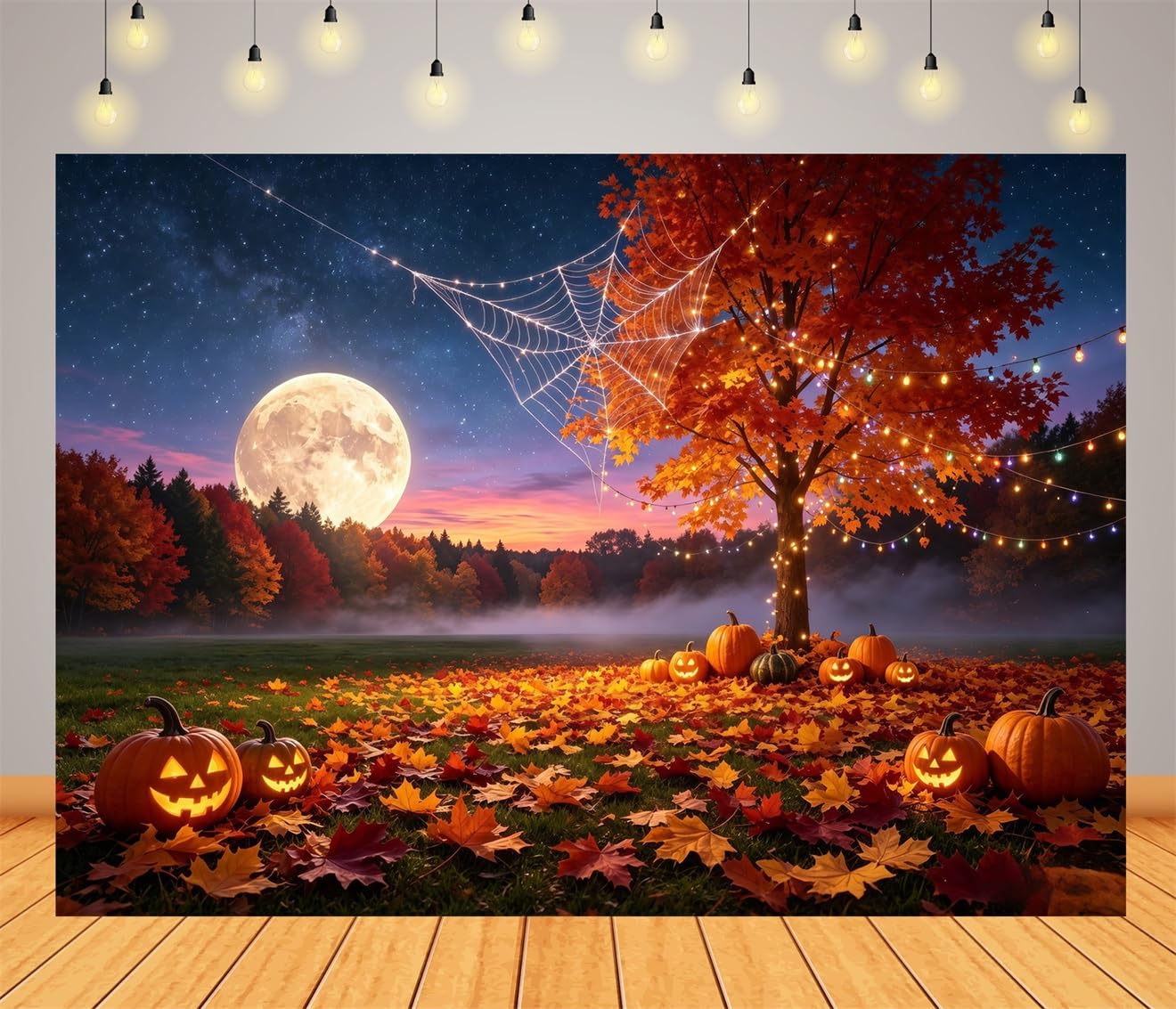 15x10FT (4.6x3m) Albero Halloween Sul Lago Sotto La Luna Sfondo Fotografico | Parco Festivo Di Zucche Al Chiar Di Luna Fondale In Tessuto,Lucine Ragnatela Acqua,Per Feste Halloween E Foto,Photo Booth