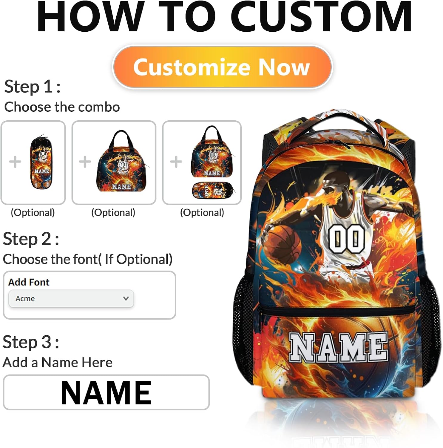 School Backpacks, Custom Kids Backpack, Personalized Name Basketball Bookbag for Students Boys, 17 Inch Large Capacity School Bag for Preschool Elementary Camping Hiking