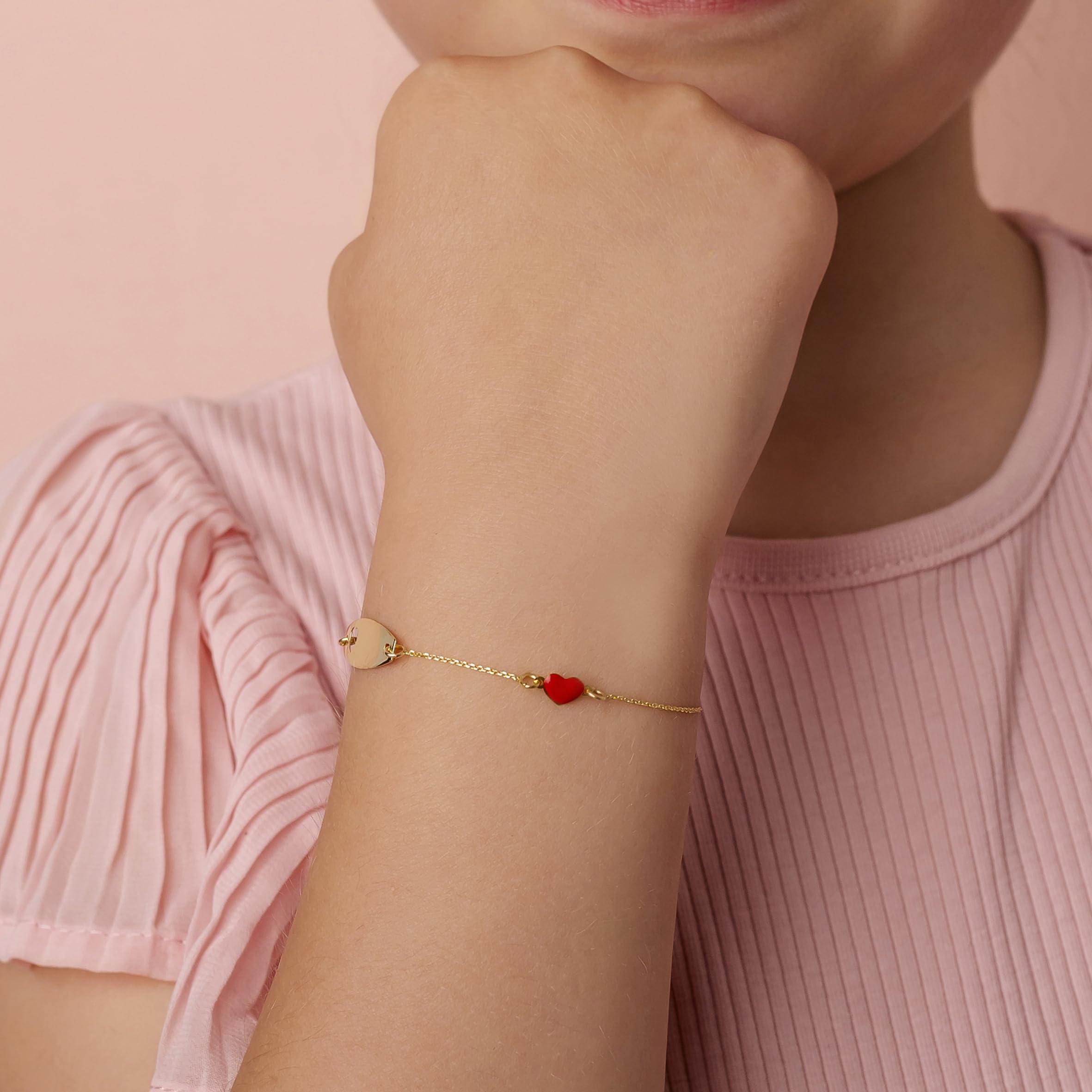 Sakrami Bracciale in Oro con Cuore Smaltato e Cuore Sagomato + Gioiello con scatola Personalizzata + Idea Regalo per Nascita, Battesimo e Comunione Occasioni Speciali + Confezione regalo