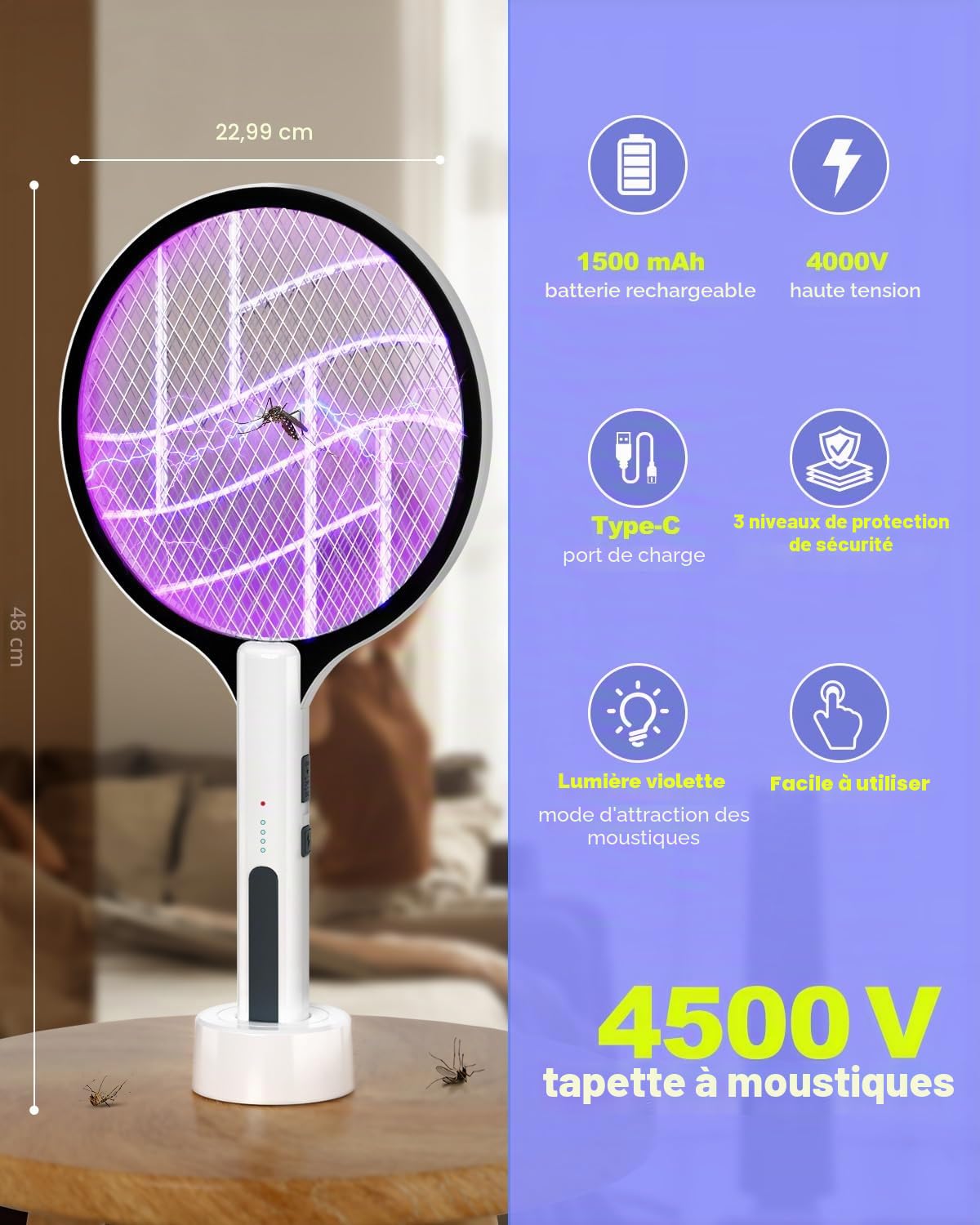 DEEZEE Raquette à mouches électrique 4500V rechargeable 2 en 1 portable tueur de moustiques violet 3 couches de sécurité