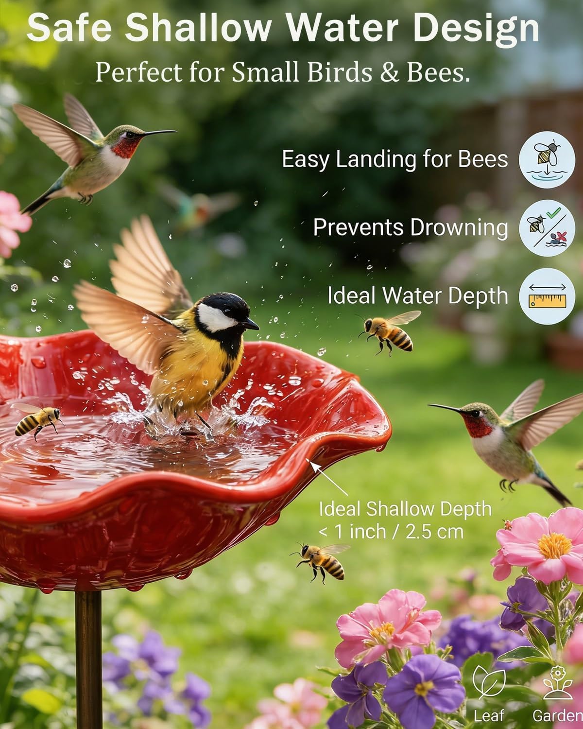 Handmade Metal Flower Garden Stakes Bird Bath with Bee Watering Station, Bee Bath Bowl, 24 Inch Height Outdoor Yard Art for Butterfly Pollinator, Weather Resistant Garden Decor Gift(4pcs)