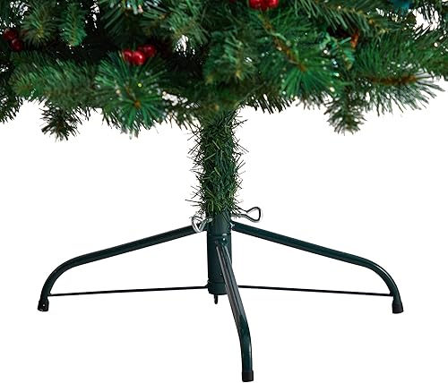 Miniatura 6 de Nearly Natural Árbol de Navidad artificial de pino de montaña Montreal de 5 pies con parte trasera plana con piñas, bayas y 110 luces LED blancas