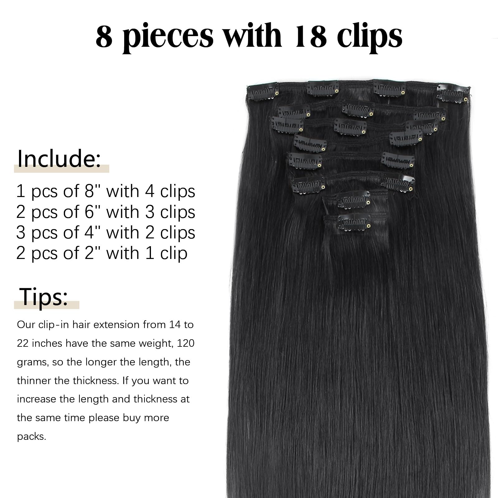 ABH AMAZINGBEAUTY HAIR Clip in Extensions aus Echtem Menschenhaar Gerade Tiefschwarz Clip in Extensions Echthaar Dick Clip in Extensions Gefärbt Remy Echthaar #1 8 Stück 120g 55cm | Doppelt genäht, Tiefschwarz, Remy-Echthaar, seidig glatt, nahtlose Mischu