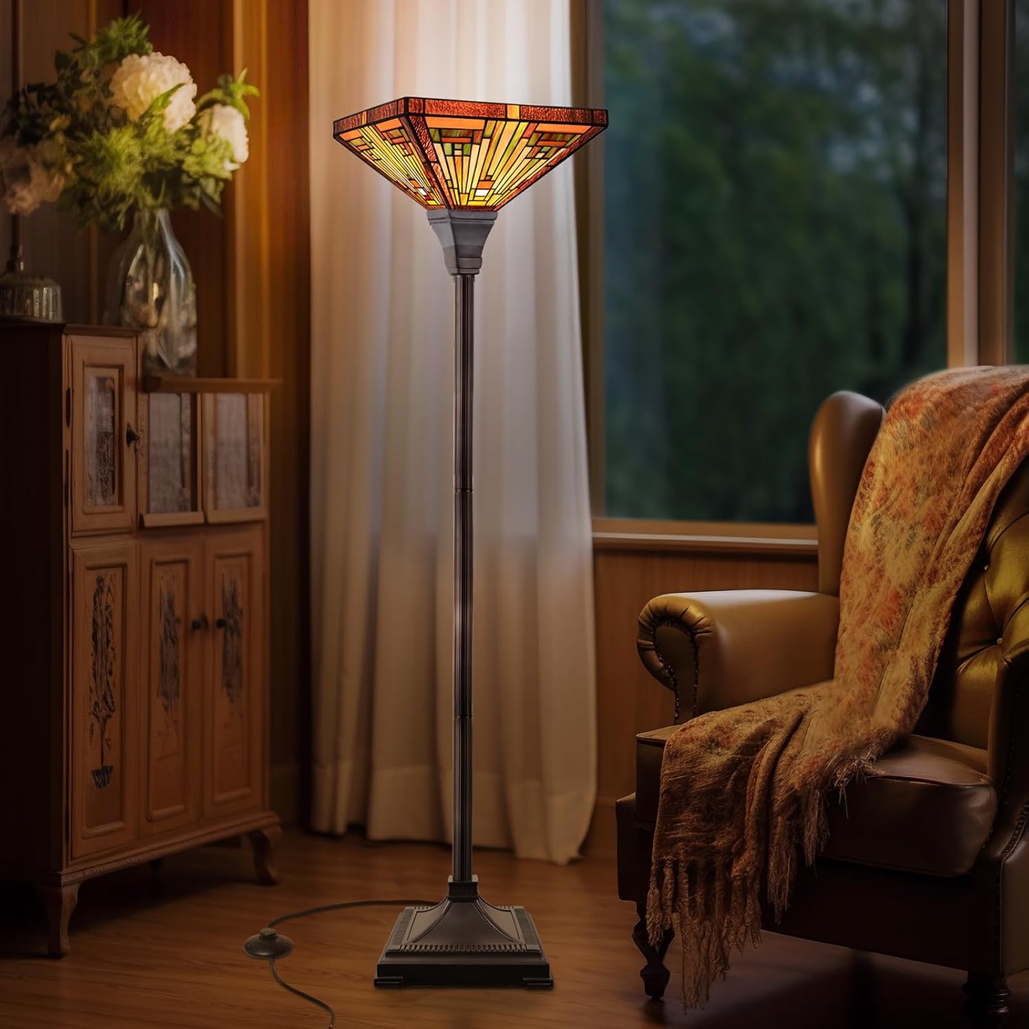 Capulina Tiffany Lamp Stained Glass Torchiere Floor Lamp,12x12x70 Inches Industrial Blackish Bronze Pole Amber Brown Antique Tiffany Style Torch Standing Lamp for Living Room Bedroom Home Office