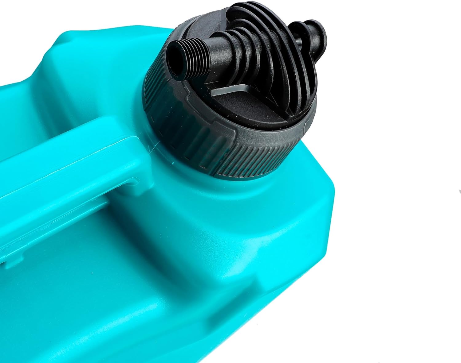 Close-up view of the top right cap of the TOTAL Knapsack Sprayer THSPP42002, showing the black threaded cap with a ribbed grip and a small nozzle attachment.