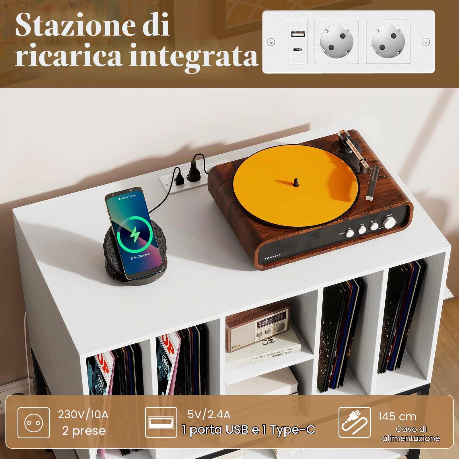 GIANTEX Supporto per giradischi con 6 scomparti e ripiano aperto, armadio per dischi in vinile con stazione di ricarica, 80 x 45 x 79,5 cm, mobile per soggiorno, camera da letto (bianco)