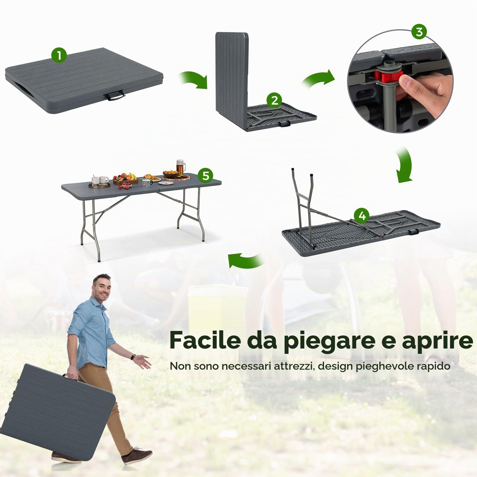 KOMFOTTEU Tavolo Pieghevole in HDPE e Metallo, Tavolo Campeggio Portatile con Maniglia di Trasporto, Tavolo Picnic Salvaspazio per Giardino, Esterno, Carico 160 kg, 180 x 74 x 75 cm (Grigio II)