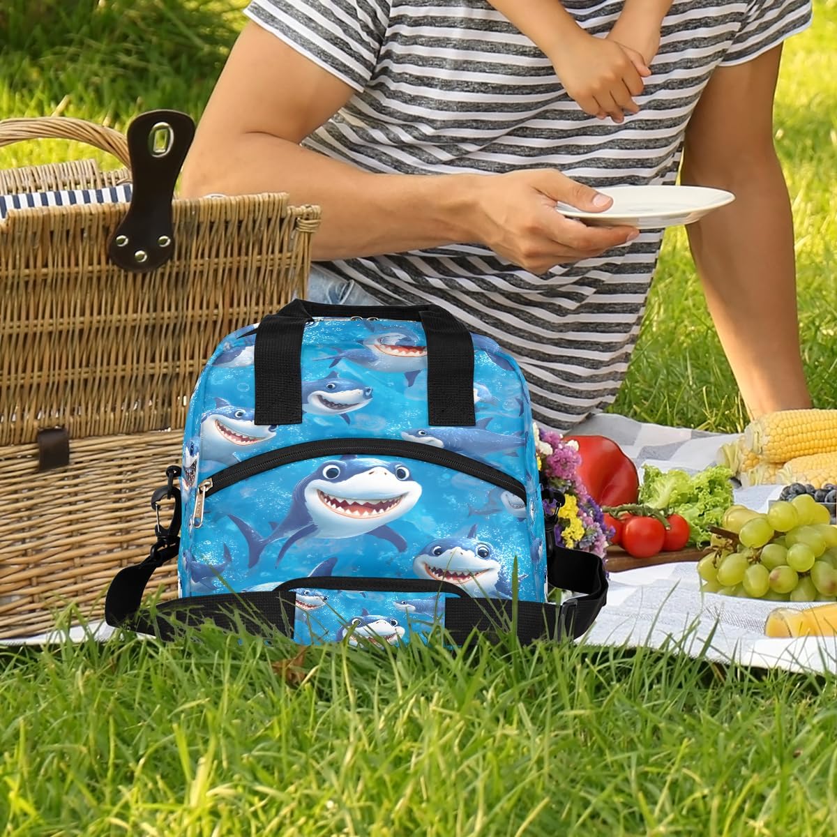 Cartoon Blue Shark Lunch Bag for Women Girls, Reusable Insulated Lunch Tote Bag with Shoulder Strap, Carry On Lunchbox Thermal Cooler Lightweight Handbag for Kids Adult School Work Office Picnic