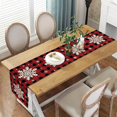 Miniatura 3 de Camino de mesa de Navidad con copos de nieve, búfalo a cuadros de temporada para cocina, decoración de mesa de comedor, decoración de fiesta en