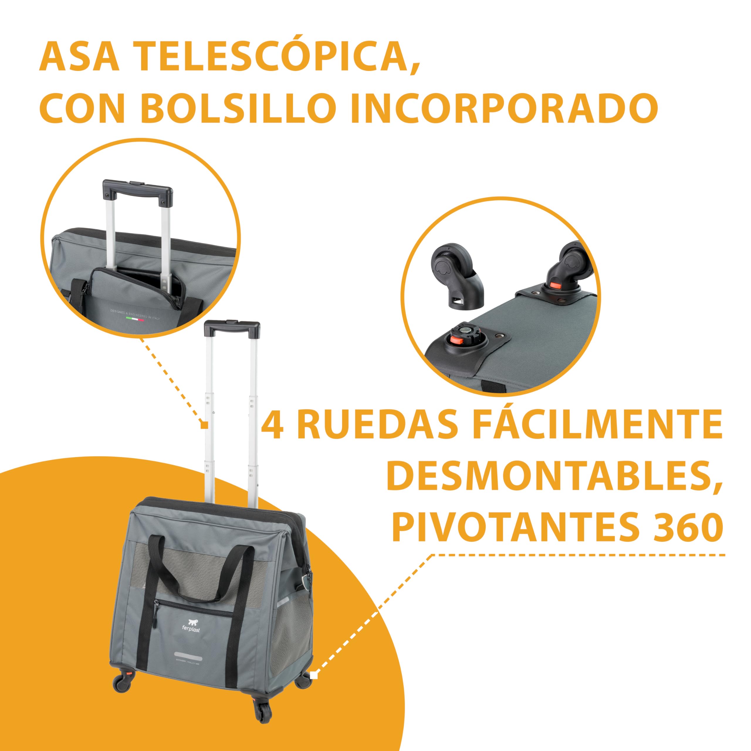 Ferplast Transportin Gato Voyager Trolley, Transportín Perro, Mochila para Gatos, Asa Extensible, Correas Ajustables, Apertura Amplia, Ruedas Desmontables, Máx. 15 kg, 46 x 26 x 48H cm, Gris