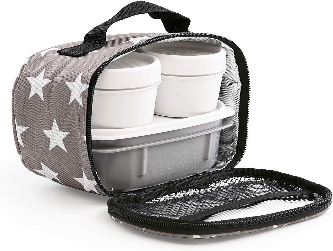 PracticFood - Urban Food MiniPlus Food Carrier Thermal Bag with 3 Hermetic Containers Included, 1 Oval 0.5L + 2 Rounds 0.2L (Stars Grey)