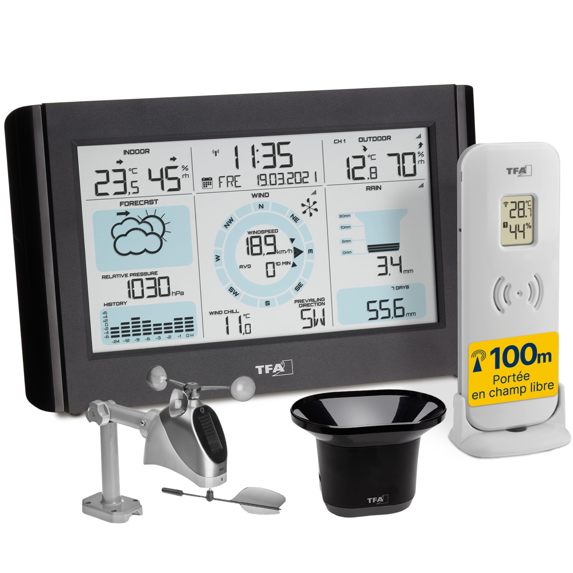 TFA Dostmann Weather Pro Station météo sans fil, 35.1161.01, avec anémomètre, pluviomètre, capteur extérieur, prévisions météo avec symboles, température int./ext., numérique, noir