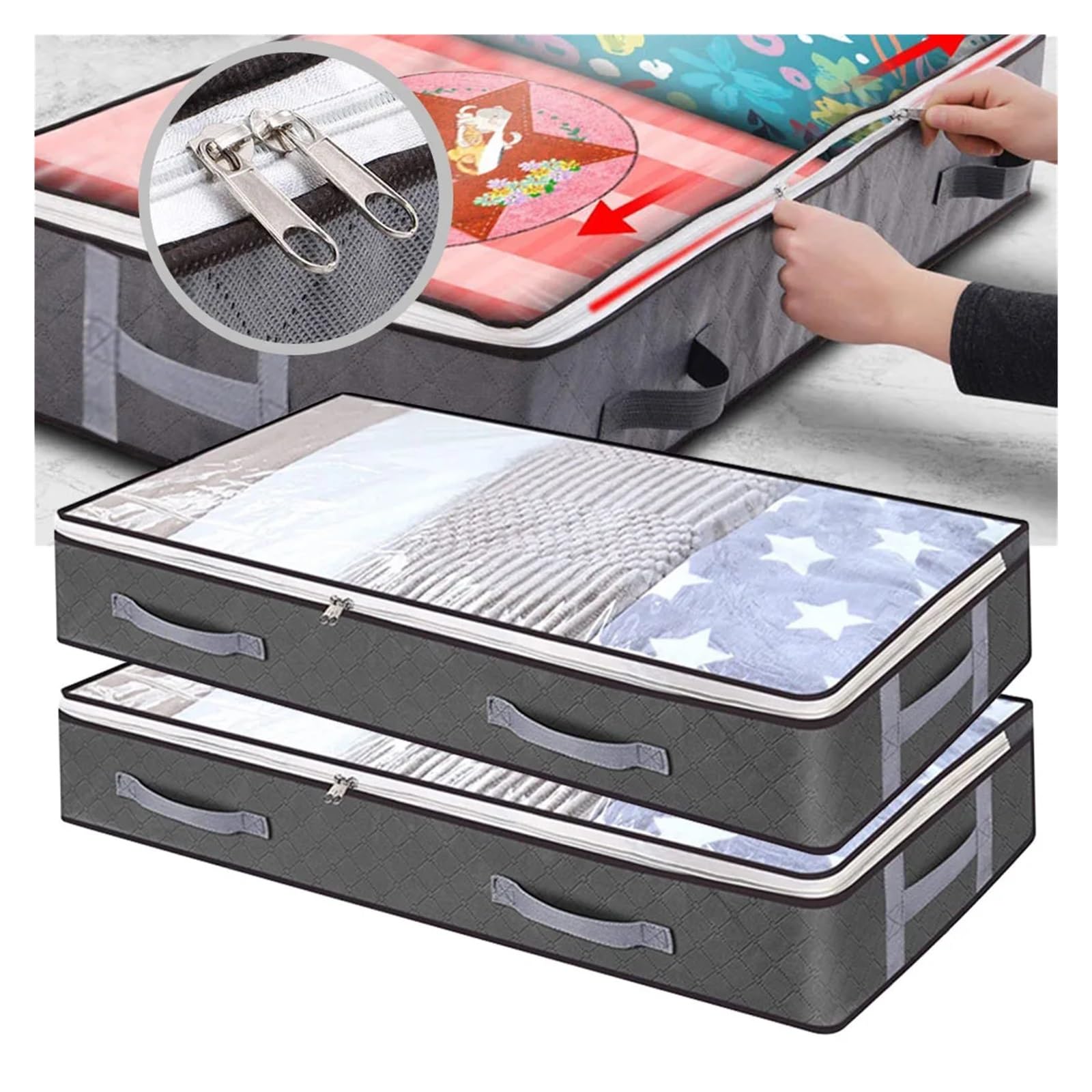 Organizador de mantas plegable Bolsa plegable for guardar ropa, con ventana de visualización, organizador de mantas y ropa, contenedor de almacenamiento con 2 asas(Four Pack)